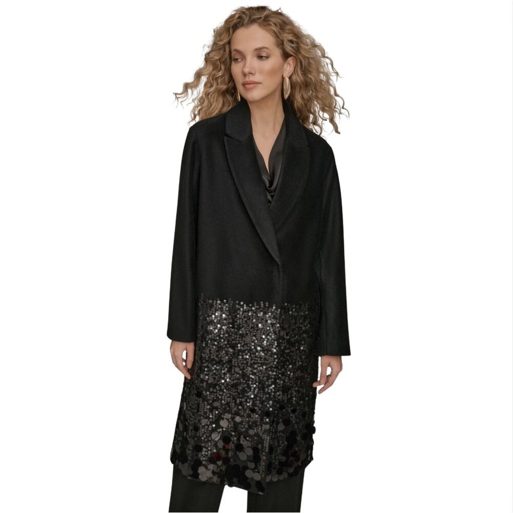 DONNA KARAN LONG SEQUIN WOOL-BLEND COAT Black NWOT XS $425